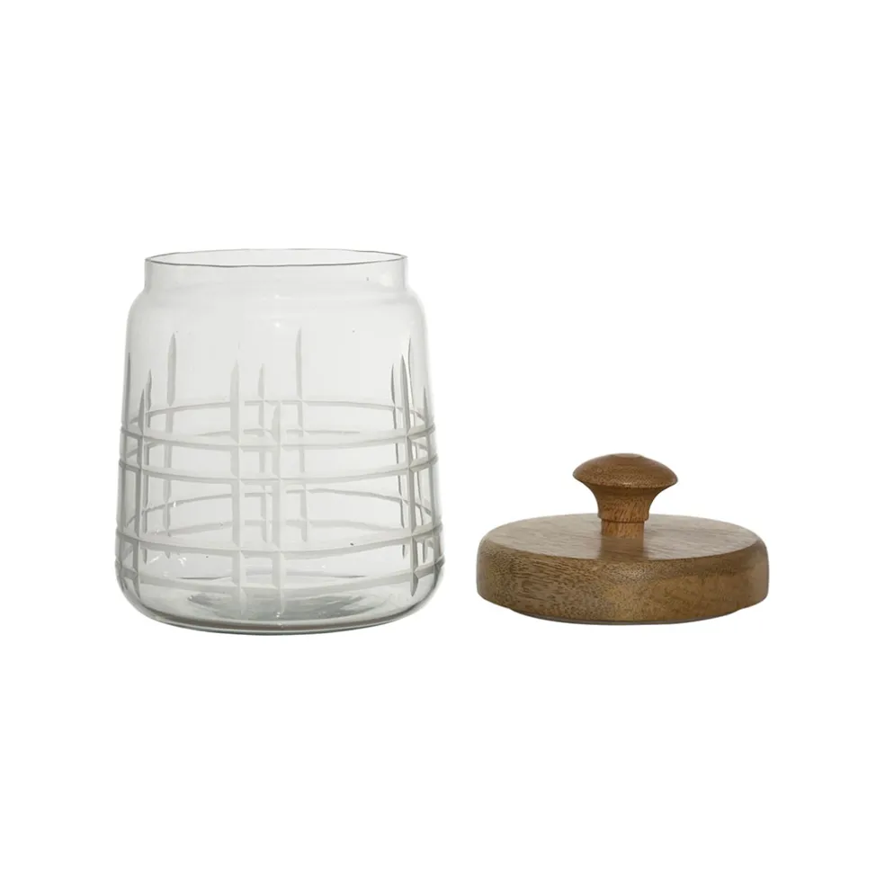 Bocal avec couvercle gravé carreau ciment h17cm en manguier