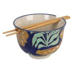 Bol en grès et bambou et baguettes multicolore - Flaura