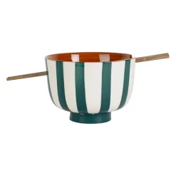 Bol en grès rayé émeraude et blanc avec baguettes d14cm - Alaria