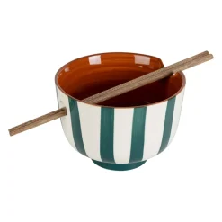 Bol en grès rayé émeraude et blanc avec baguettes d14cm - Alaria