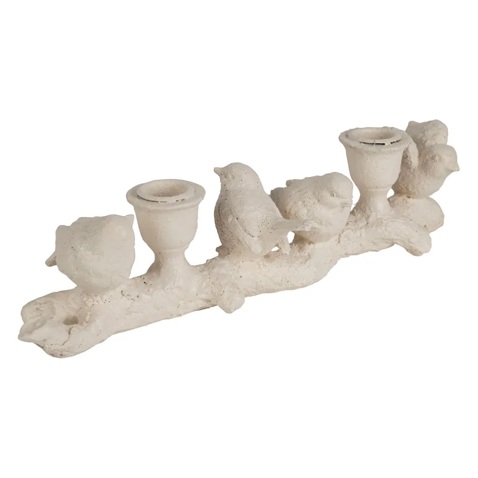Bougeoir moineau 2 feux en résine écru L32cm