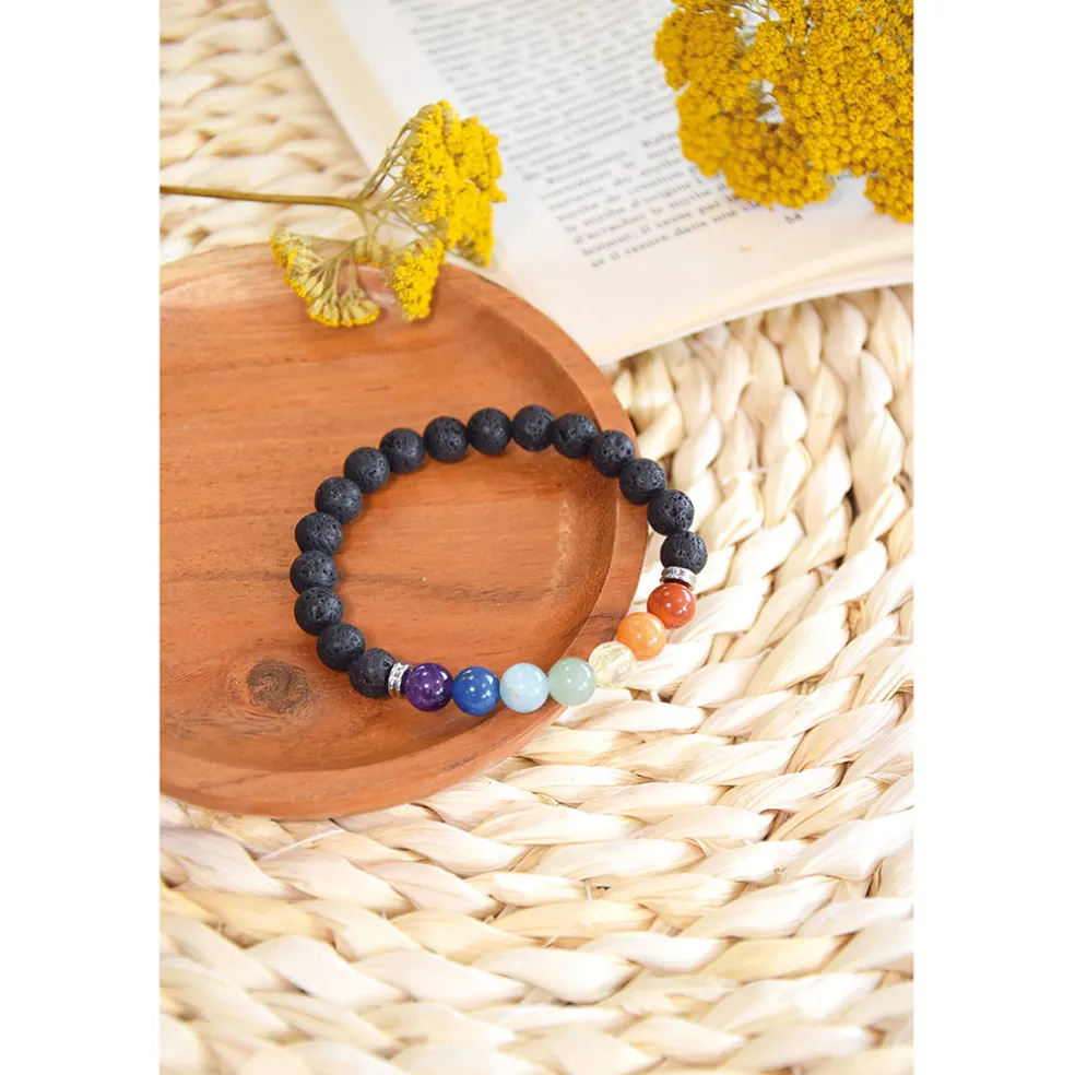 Bracelet 7 chakras pierre de lave perles rondes 8mm