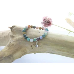 Bracelet agate multicolore perles rondes 8mm et étoile