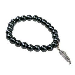 Bracelet hématite perles rondes 8mm et plume