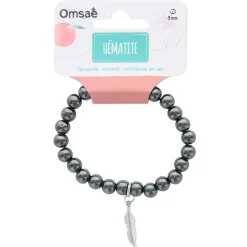 Bracelet hématite perles rondes 8mm et plume