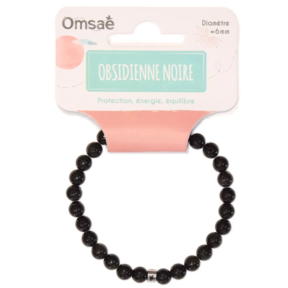 Bracelet obsidienne noire perles rondes 6mm
