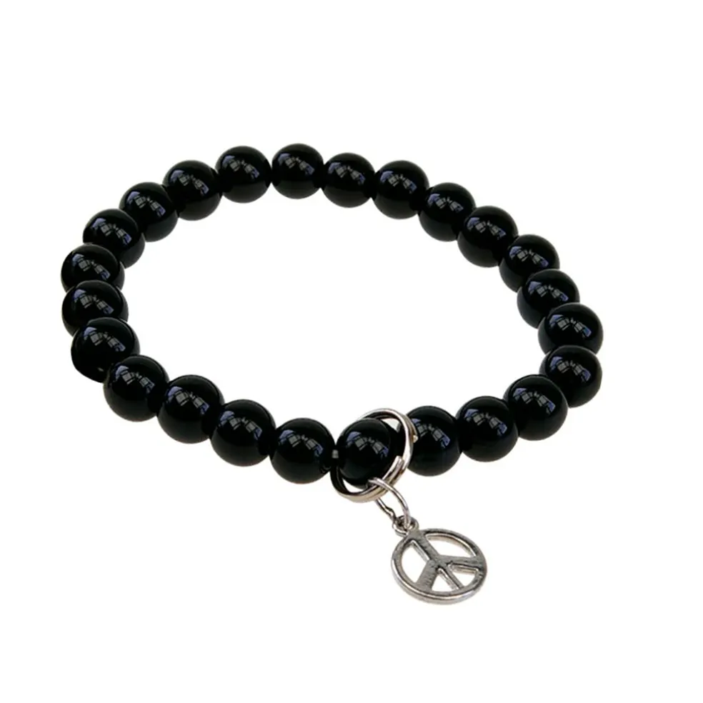 Bracelet onyx perles rondes 8mm et signe paix