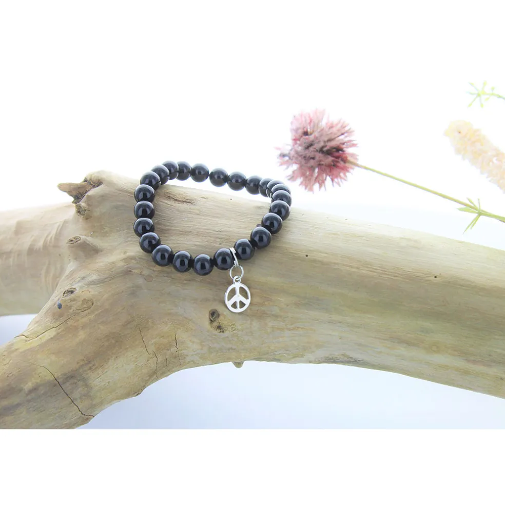 Bracelet onyx perles rondes 8mm et signe paix