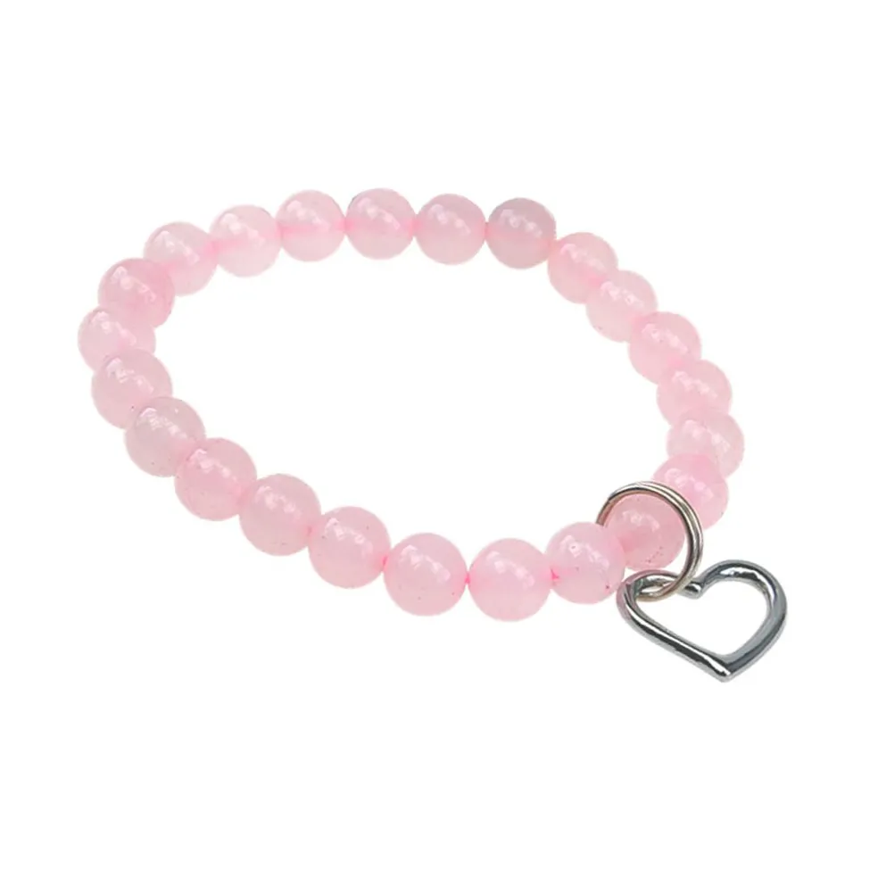 Bracelet quartz rose perles rondes 8mm et cœur