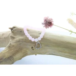 Bracelet quartz rose perles rondes 8mm et cœur