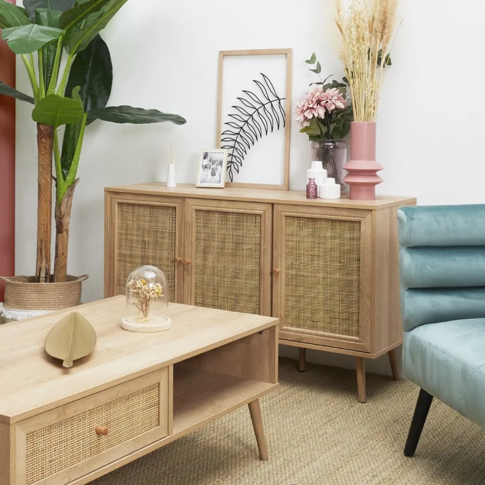 Buffet en bois et cannage 3 portes L115cm - Baia