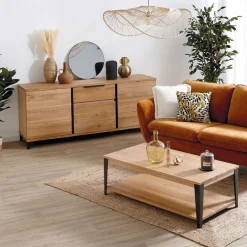 Buffet enfilade chêne massif 3 portes et tiroir - Manny