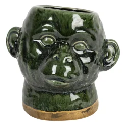 Cache pot singe en grès kaki et doré - Sanaga