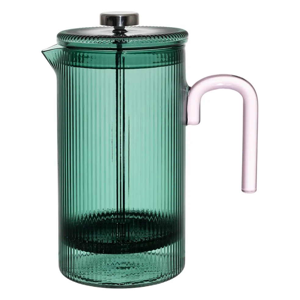 Cafetière à piston striée en verre borosilicate émeraude et rose 1L