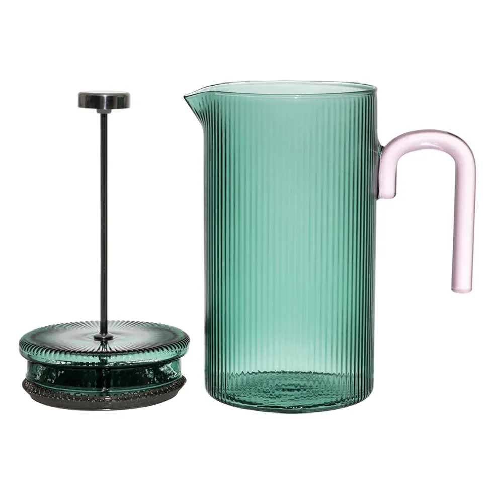 Cafetière à piston striée en verre borosilicate émeraude et rose 1L