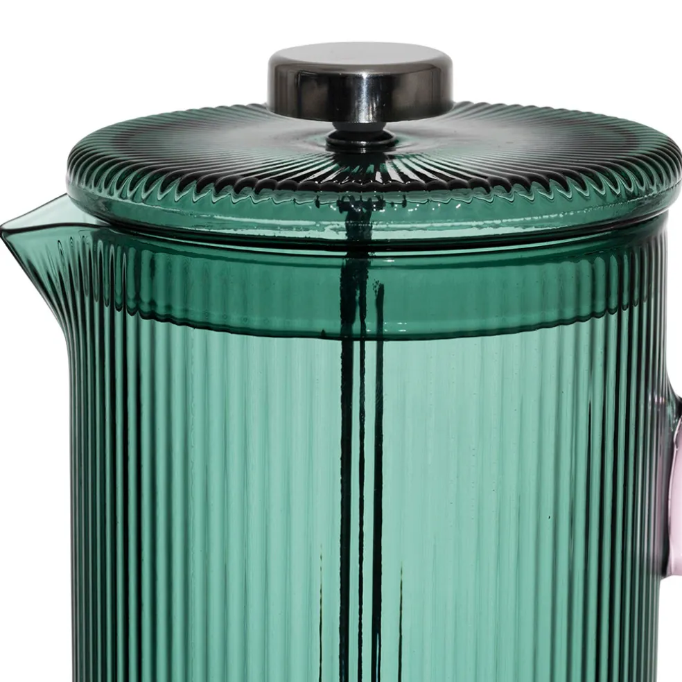 Cafetière à piston striée en verre borosilicate émeraude et rose 1L
