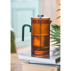 Cafetière à piston striée en verre borosilicate ambre et émeraude 1L