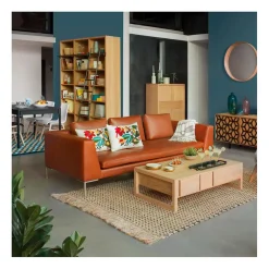 Canapé fixe 3 places en cuir vintage cognac - Montino