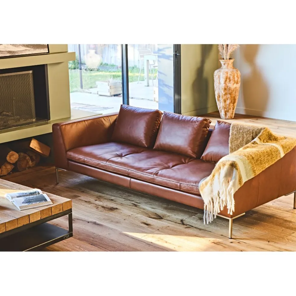 Canapé fixe 3 places en cuir vintage cognac - Montino