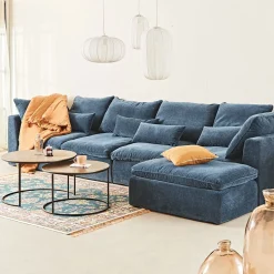 Canapé modulable 4 places bleu grisé avec pouf - Auguste