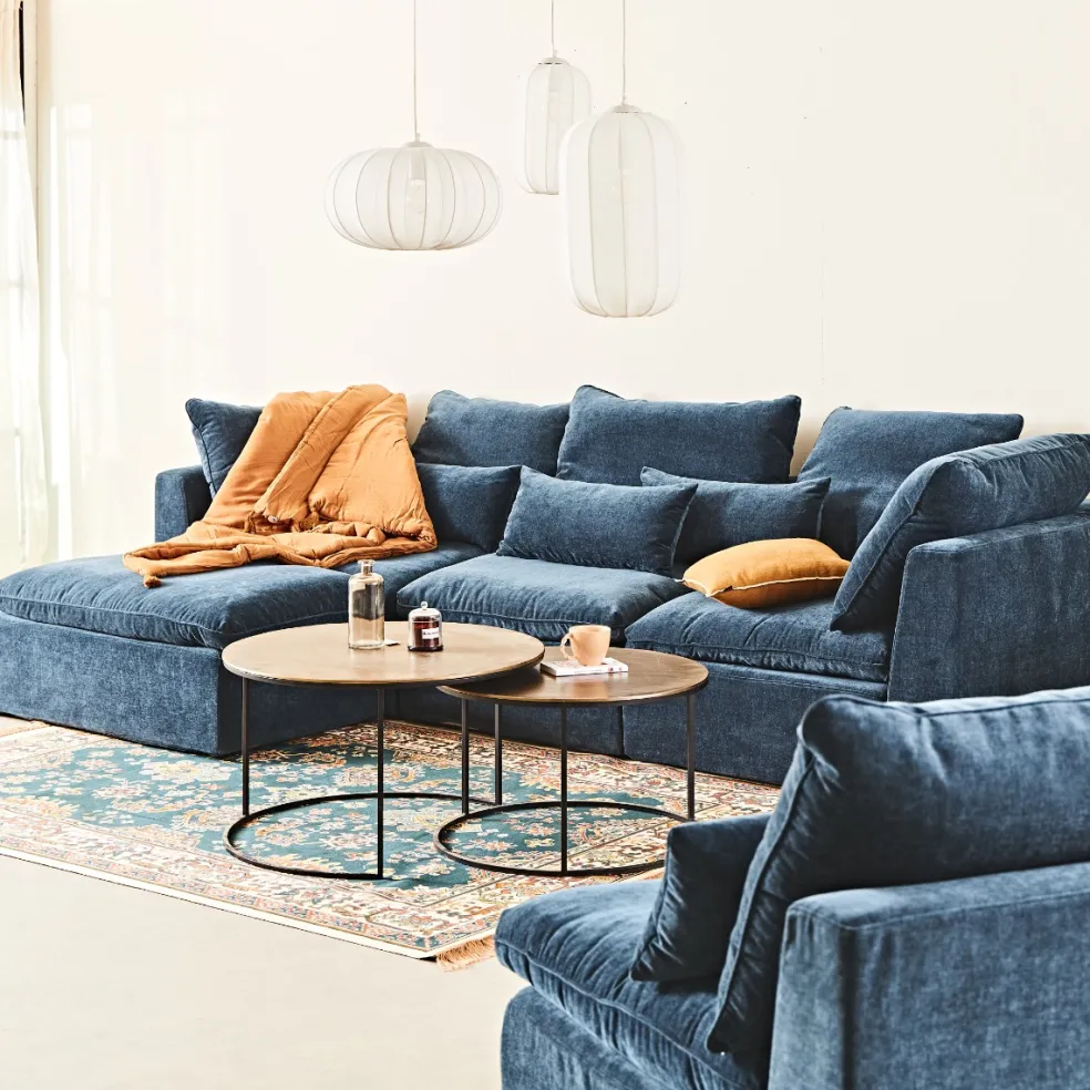 Canapé modulable 4 places bleu grisé avec pouf - Auguste