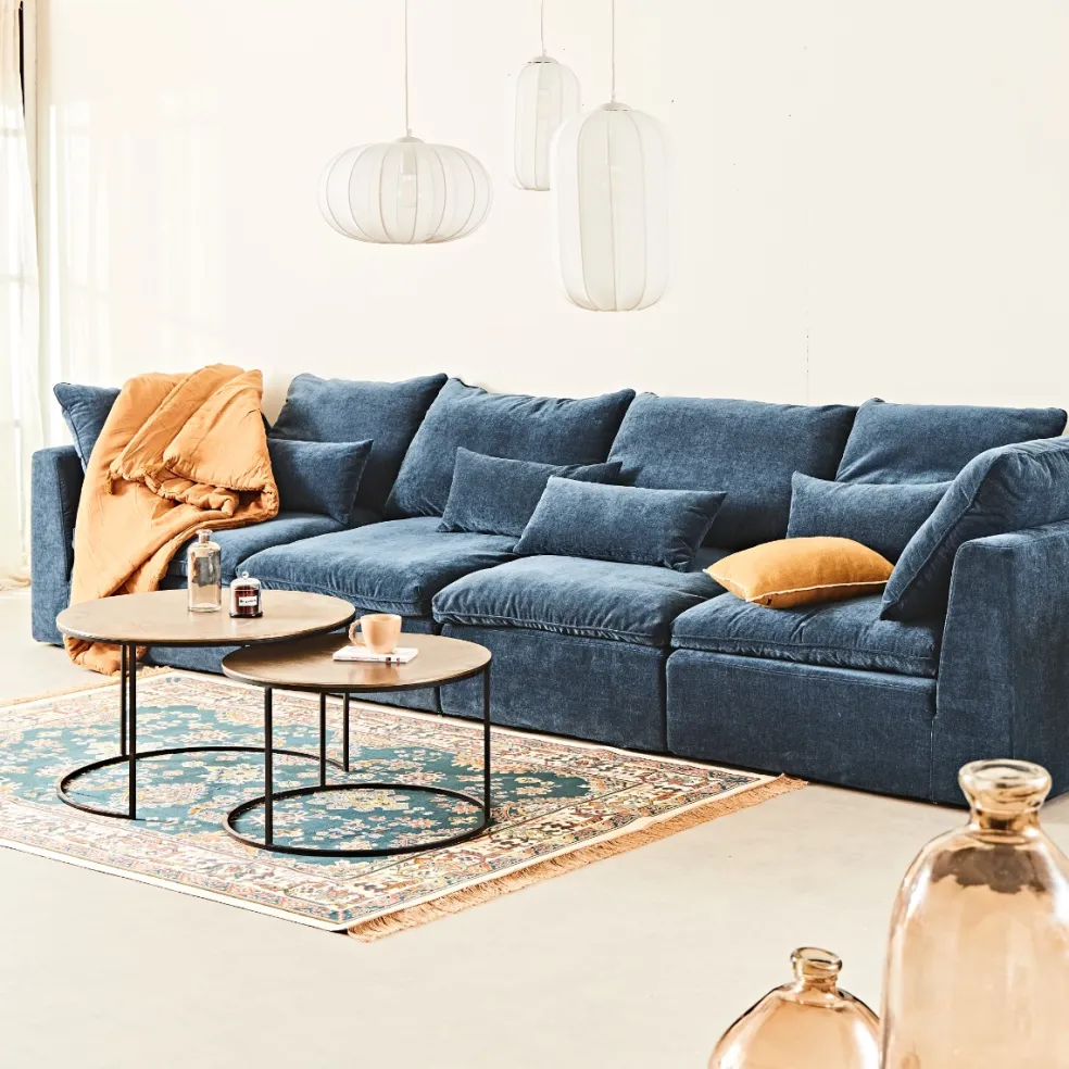 Canapé modulable 4 places bleu grisé avec pouf - Auguste
