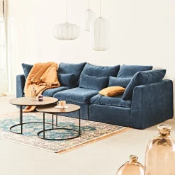 Canapé modulable 3 places bleu grisé avec pouf - Auguste