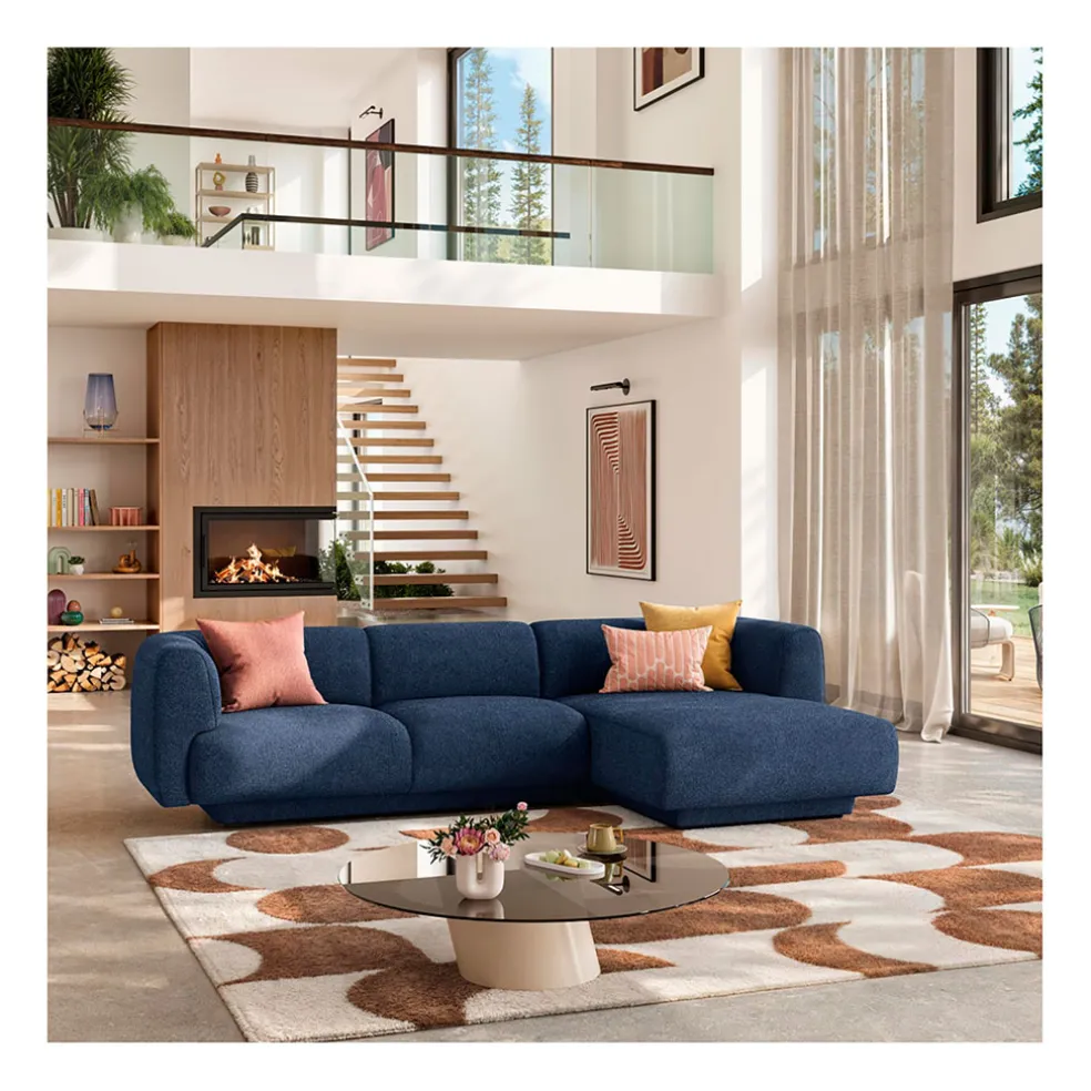 Canape angle droit 4 places en tissu texturé bleu marine - Austin