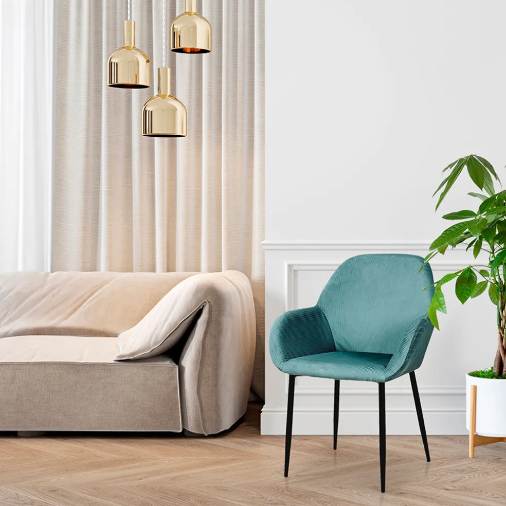 Chaise avec accoudoirs en velours côtelé bleu canard - Julia