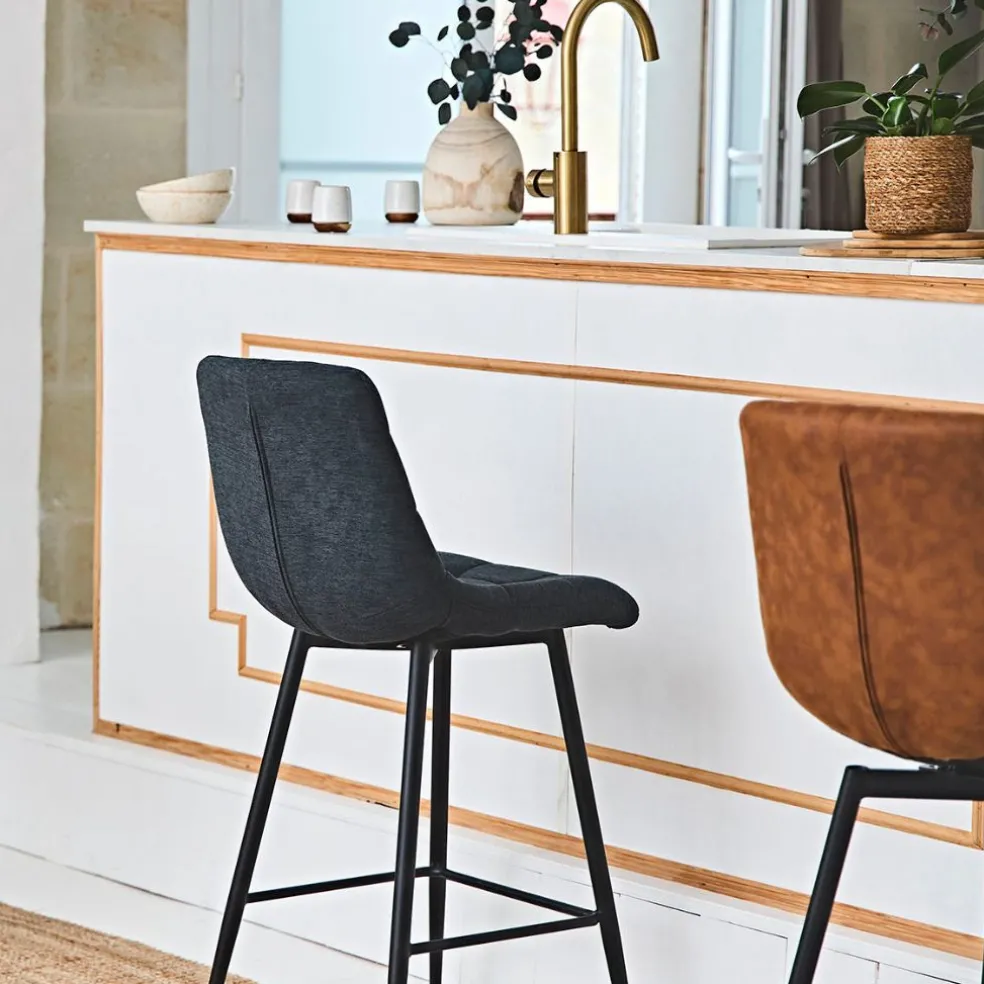 Chaise de bar en tissu matelassé antracithe - Lilly
