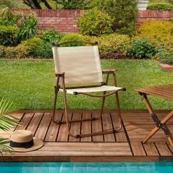Chaise de jardin pliante en bois de hêtre et tissu beige - Mariposa