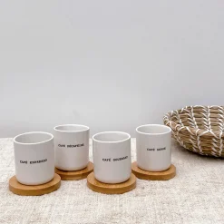 Coffret 4 tasses en faïence blanc avec soucoupes en bois 10cl