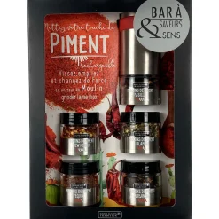 Coffret bar à piment avec moulin intégré - 5 pots et un moulin