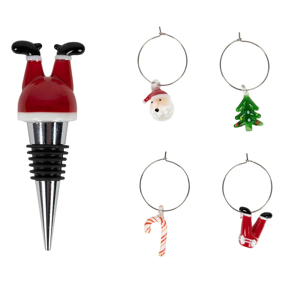 Coffret bouchon avec 4 marqueurs en verre et inox rouge - Noel