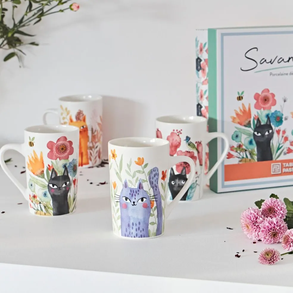 Coffret de 4 mugs en porcelaine chat 35cl - Savannah