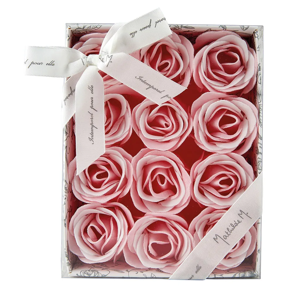 Coffret de 12 roses de savon roses et blanches - parfum rose