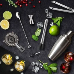 Coffret de cocktail en acier argenté et bambou