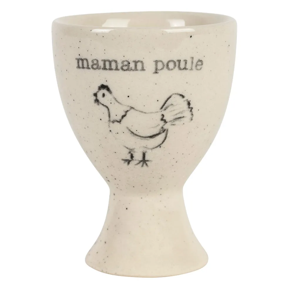 Coquetier Maman poule en grès blanc moucheté - La Ferme