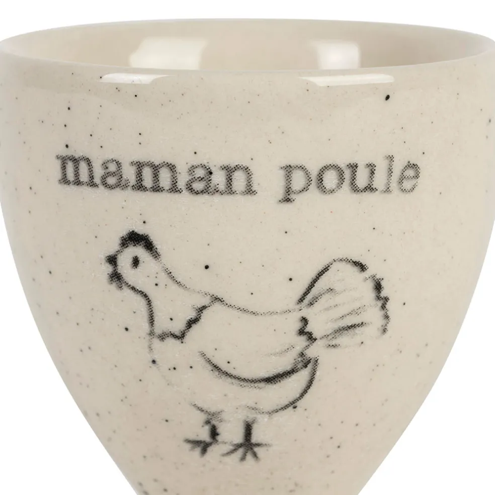 Coquetier Maman poule en grès blanc moucheté - La Ferme