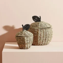 Corbeilles pomme avec couvercle x2 naturel en jonc de mer+fer - Sweet Dream