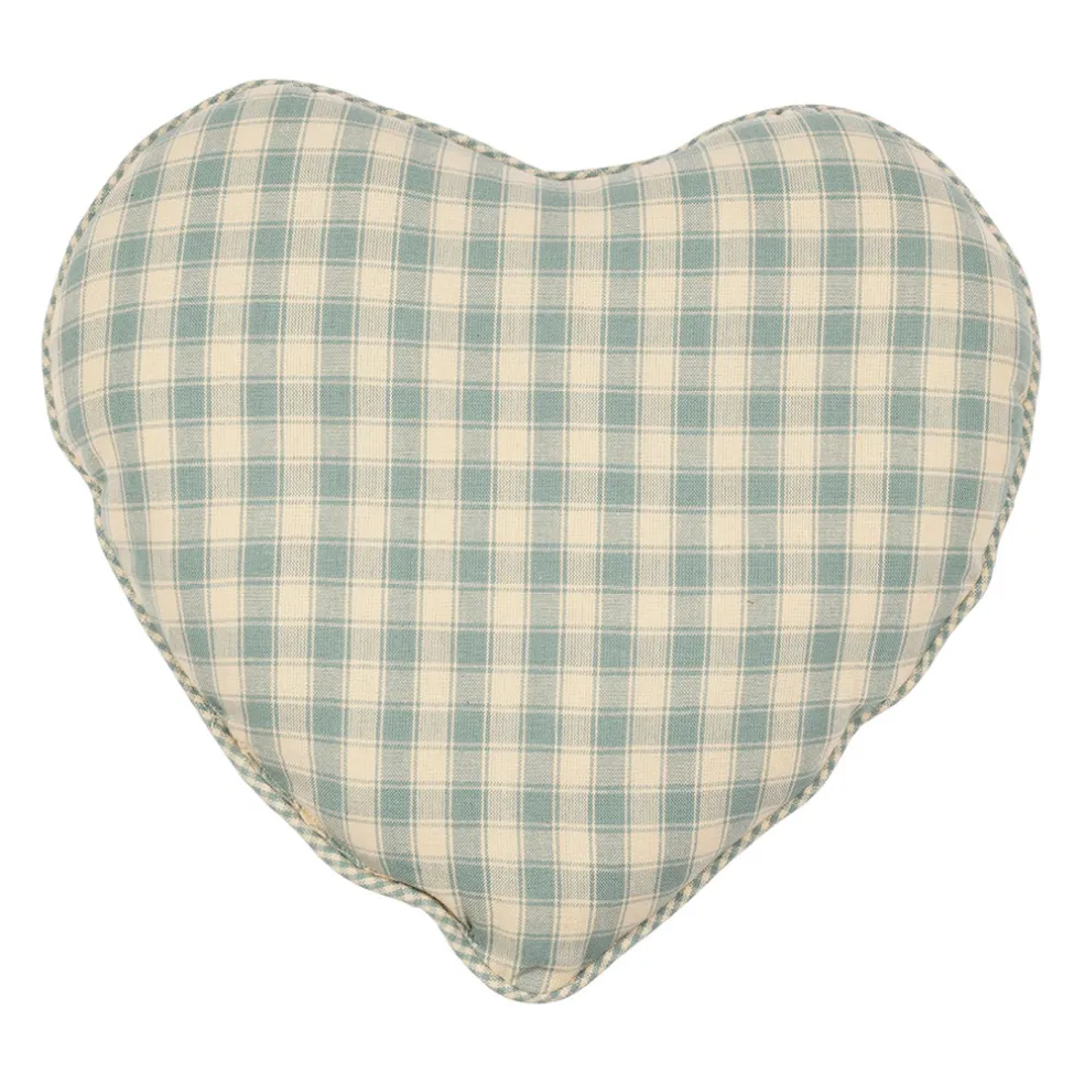 Coussin cœur en coton vichy sauge 40x35cm - Campagne