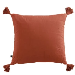 Coussin dehoussable avec pompons en gaze de coton terracotta 40x40cm - Gaia