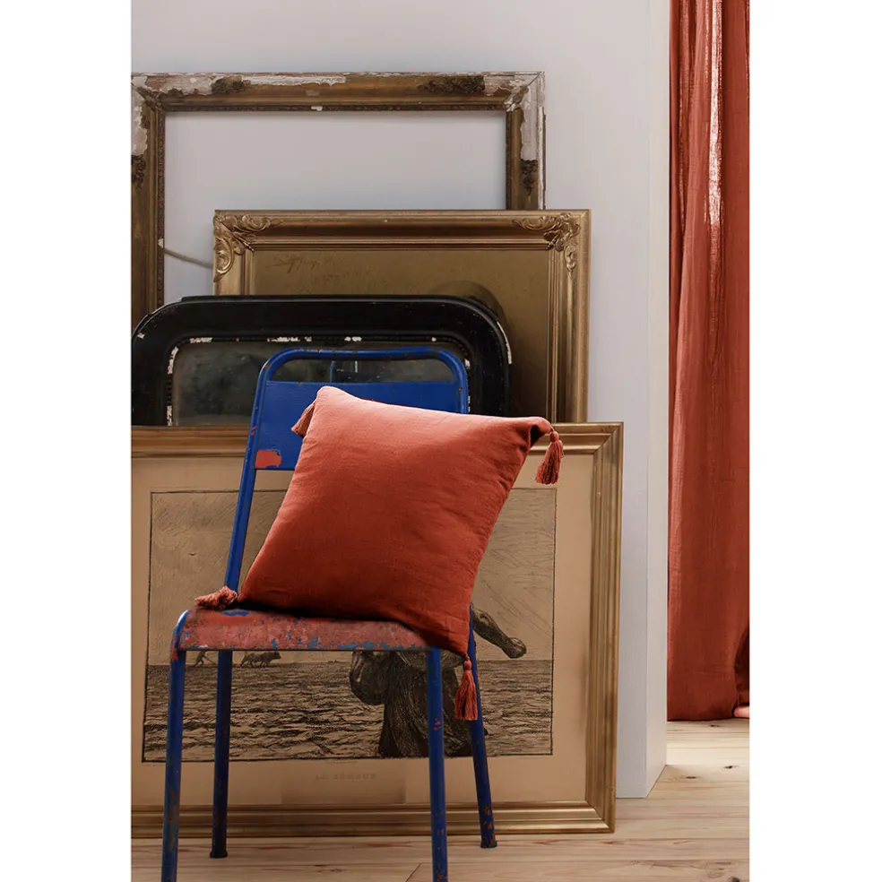 Coussin dehoussable avec pompons en gaze de coton terracotta 40x40cm - Gaia