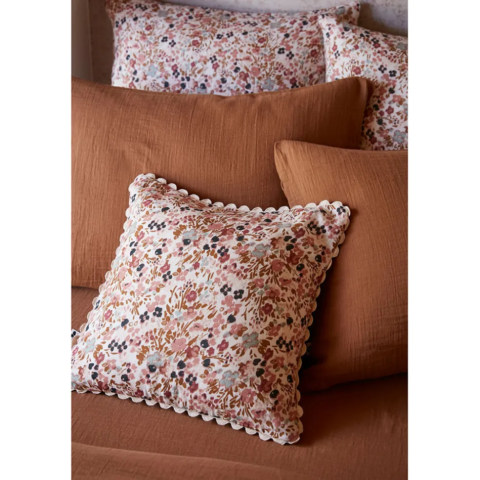 Coussin déhoussable avec croquet en gaze de coton imprimée pampa 40x40cm - Capucine