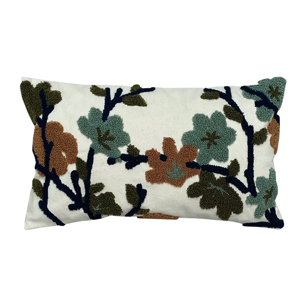 Coussin en coton brodé fleuri écru 30x50cm