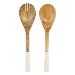 Couverts à salade ecru en marbre blanc et bois de manguier - sweet leaves