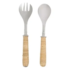 Couverts à salade en inox et osier naturel