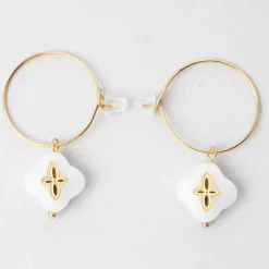 Créoles x2 trefle doré+blanc h35mm acier inoxydable+jade