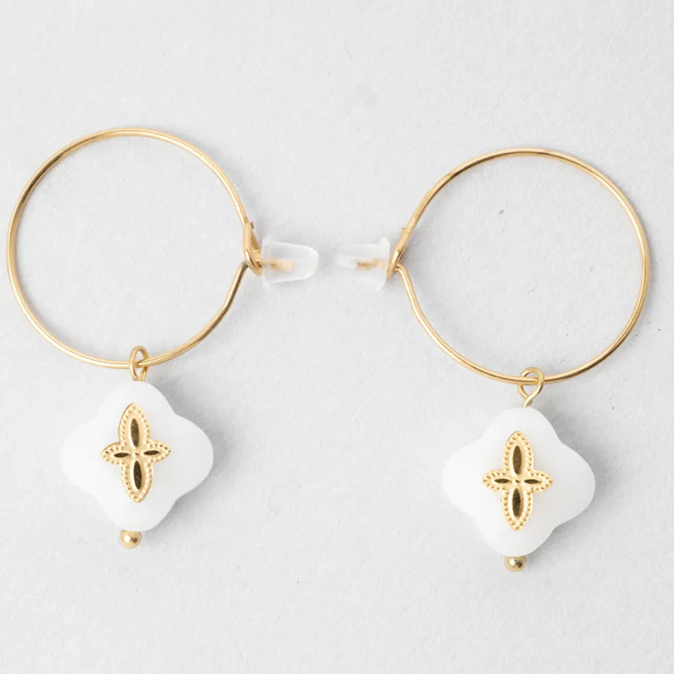 Créoles x2 trefle doré+blanc h35mm acier inoxydable+jade