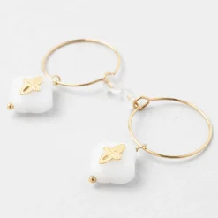 Créoles x2 trefle doré+blanc h35mm acier inoxydable+jade